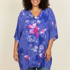 Dena Lauren Plus Size Vibrant Blue Floral Button Front Top